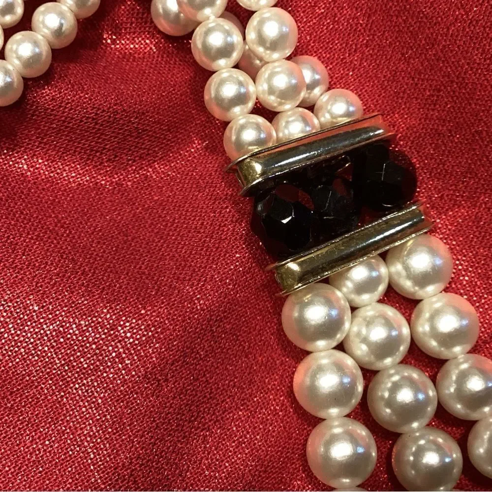Elegant Trip Strand Faux Pearl Necklace with Black Accents